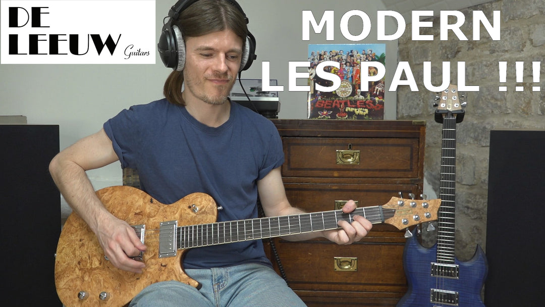 Nikk Giggs sur la SC BURLY MAPPLE, une guitare à manche traversant de la marque de lutherie française De Leeuw Guitars. Guitare Made in France - Guitar Made in France