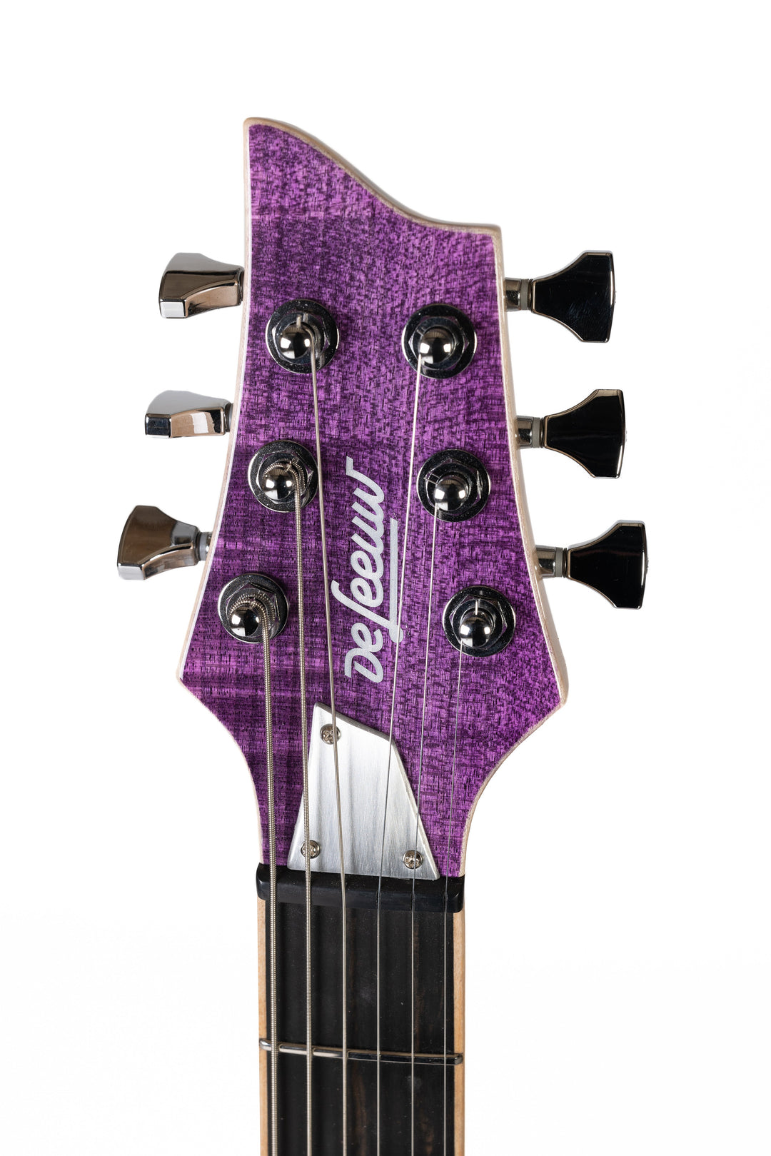 Nina_Guitar_Lavender_fields_of_Provence_Glossy_Close_up_Head_1_De_Leeuw_Guitars_Paris_Made_in_France_Luthier_Guitar_Maker_France_Neck_Through_Manche_Traversant