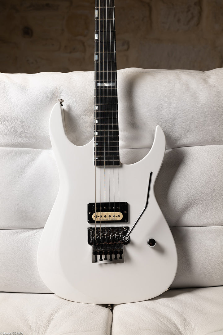 Détails de la Superstrat Blanche - Pièce Unique  et sur mesure- Guitare à manche traversant de la marque de lutherie française De Leeuw Guitars. Guitare Made in France - Guitar Made in France