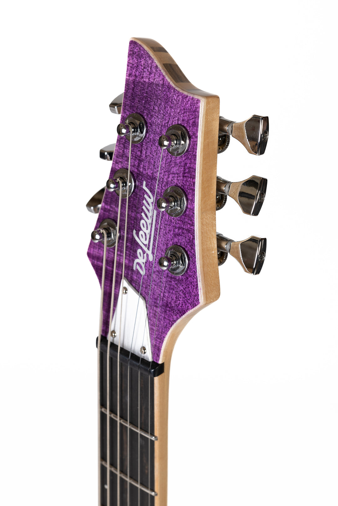 Nina_Guitar_Lavender_fields_of_Provence_Glossy_Close_up_Head_Side_1_De_Leeuw_Guitars_Paris_Made_in_France_Luthier_Guitar_Maker_France_Neck_Through_Manche_Traversant