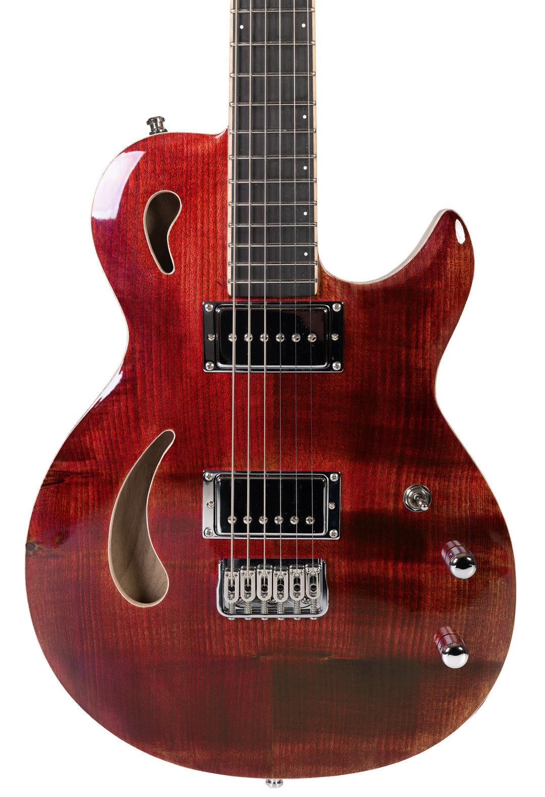 Nina_Guitar_French_Strawberry_Glossy_Varnish_Close_up_front_De_Leeuw_Guitars_Paris_Made_in_France_Luthier_Guitar_Maker_France_Neck_Through_Manche_Traversant