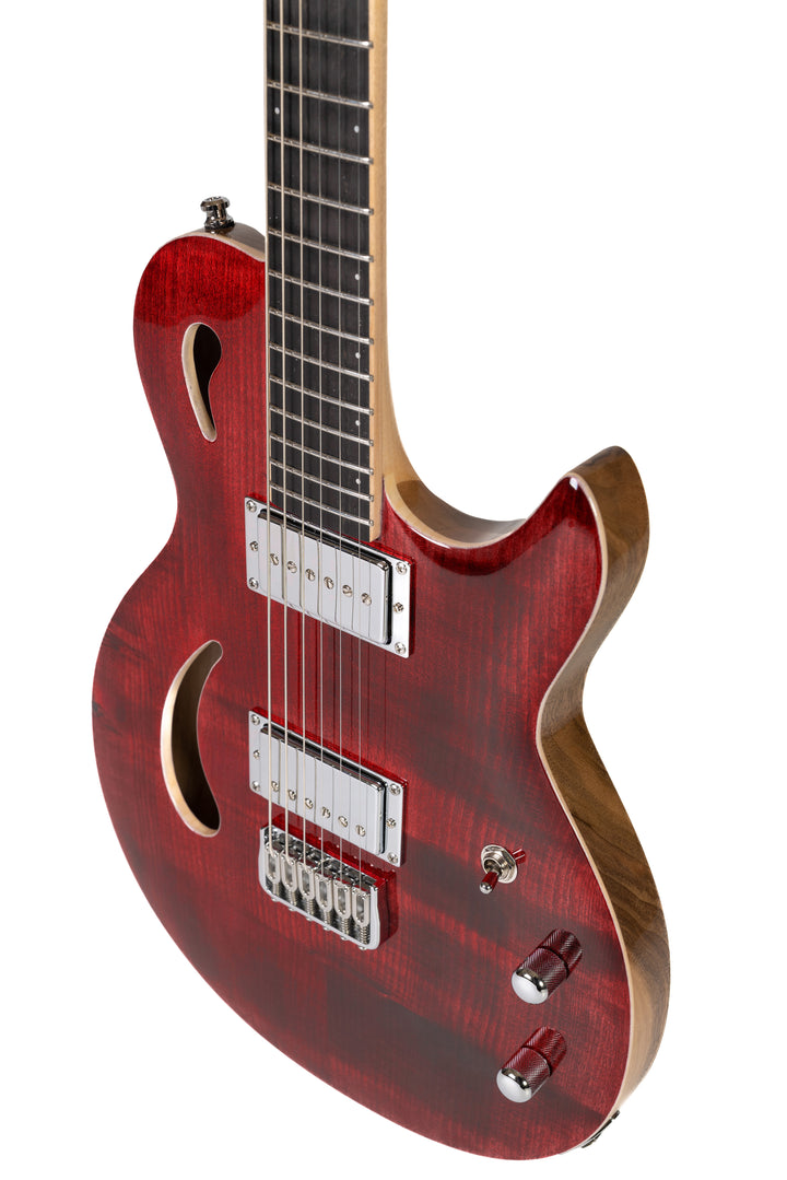 Nina_Guitar_French_Strawberry_Glossy_Varnish_Close_up_side_3_De_Leeuw_Guitars_Paris_Made_in_France_Luthier_Guitar_Maker_France_Neck_Through_Manche_Traversant