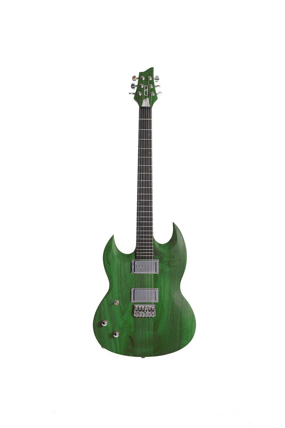 SY_Full_Walnut_Green_Iguana_Front_left_handed_De_Leeuw_Guitars_Paris_Made_in_France_Luthier_Guitar_Maker_France_Neck_Through_Manche_Traversant